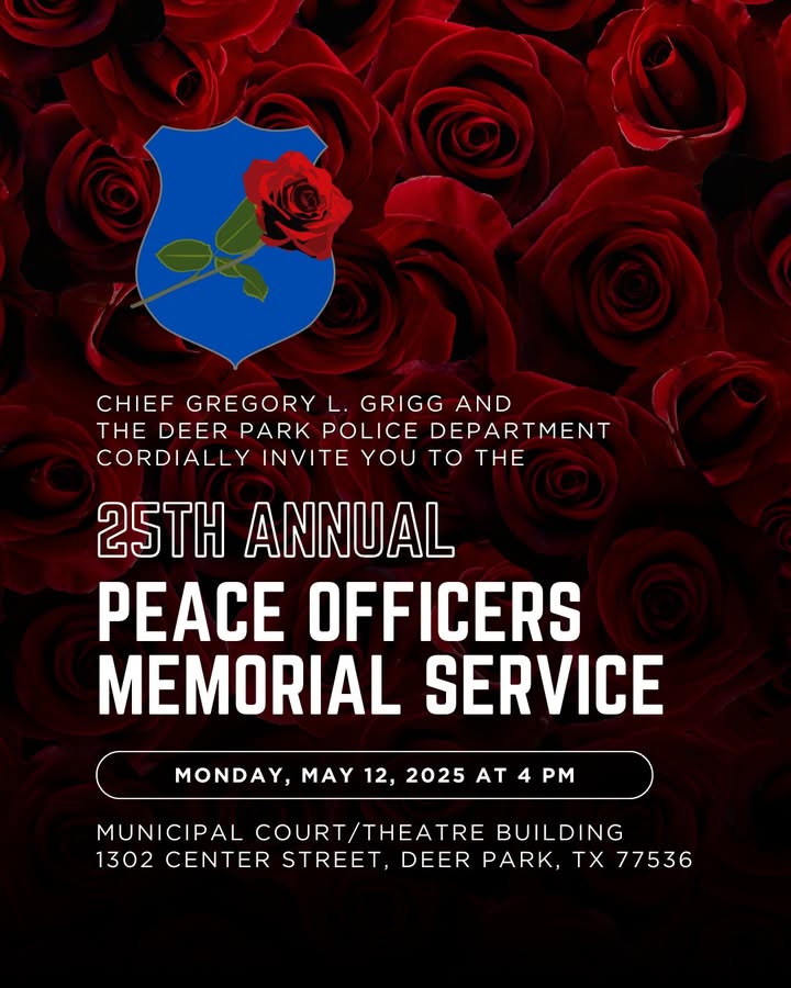 DPPD and Chief Grigg invites you to honor our heroes at the 25th Annual Peace Officers Memorial Service Monday May 12th..