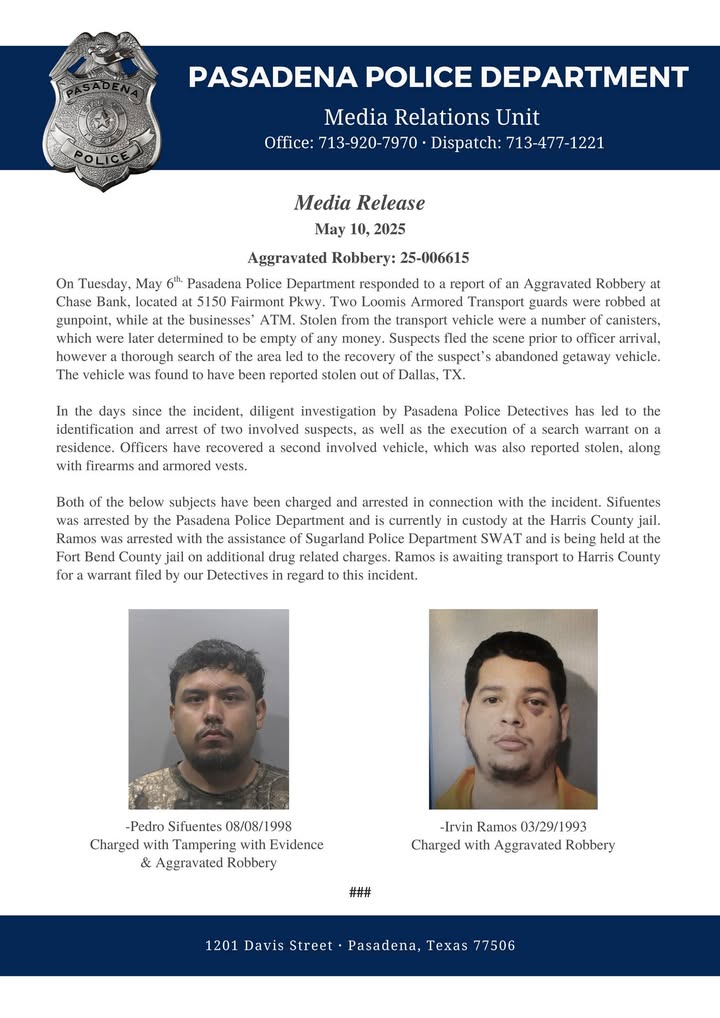 PPD’s media release mugshots of Pedro Sifuentes and Irvin Ramos who robbed the armored truck guys at Chase Bank.