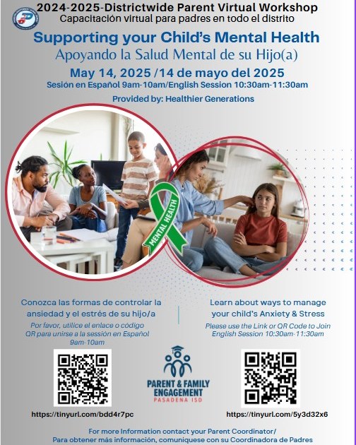 This Wednesday, come together online with the parents of Rayburn to learn how to better support your child’s mental health in both English and Spanish.