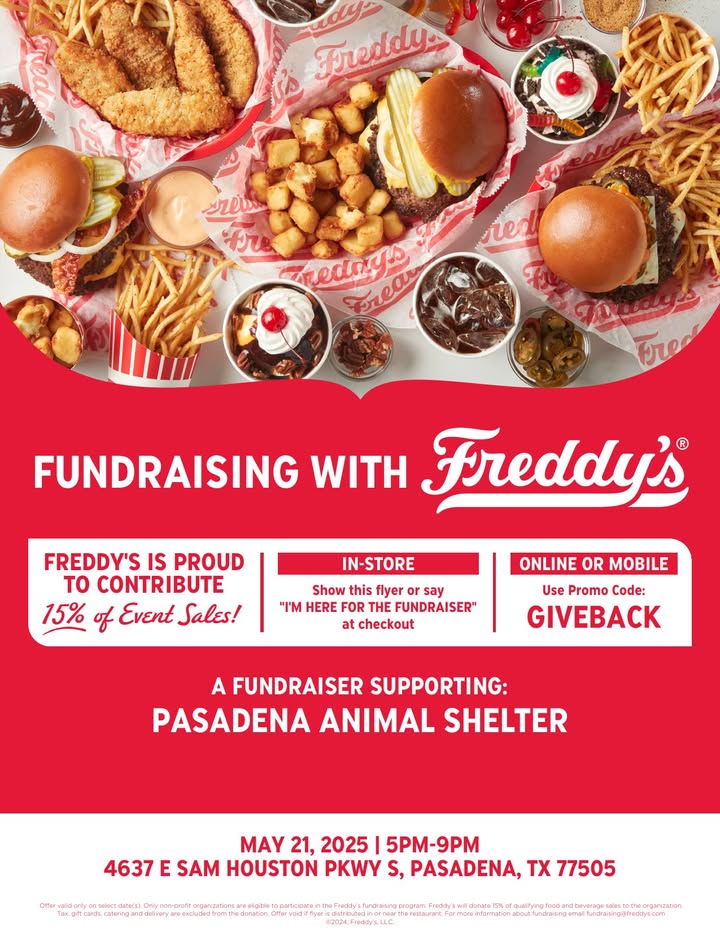 Eat at Freddy’s on May 21st, to help the Animal Shelter help pets in need find their responsible homes.