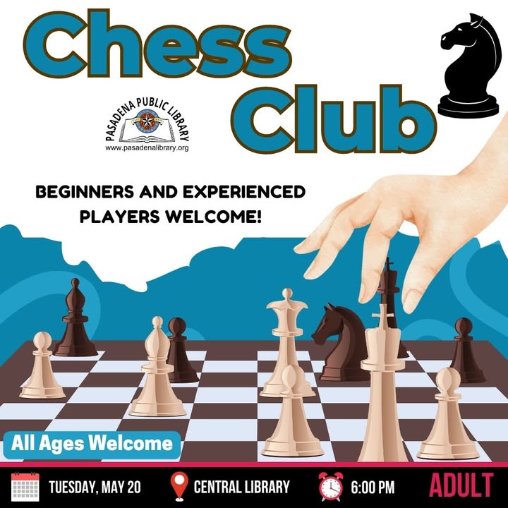 The Libray’s Chess Club is a fantastic opportunity to sharpen your skills and strategies on May 20th.