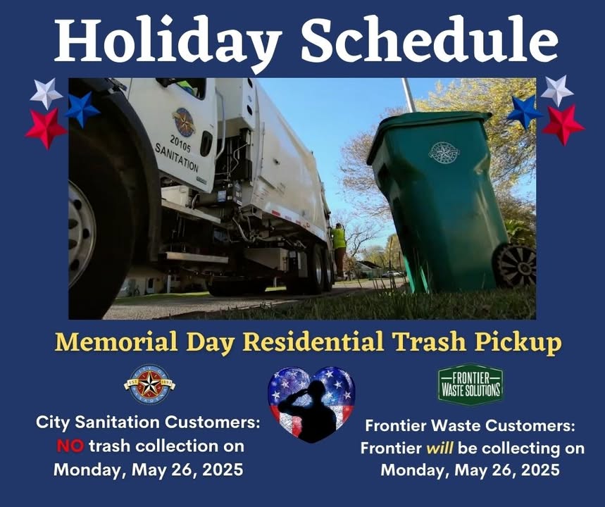 Tomorrow Memorial Day, the City’s non emergency offices will be closed. Your trash will be picked up if Frontier Waste does it. Tomorrow Memorial Day, the City’s non emergency offices will be closed. Your trash will be picked up if Frontier Waste does it.