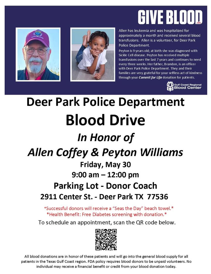 Deer Park, rally together for DPPD’s Blood Drive this Friday. Only a few spots left. Deer Park, rally together for DPPD’s Blood Drive this Friday. Only a few spots left.