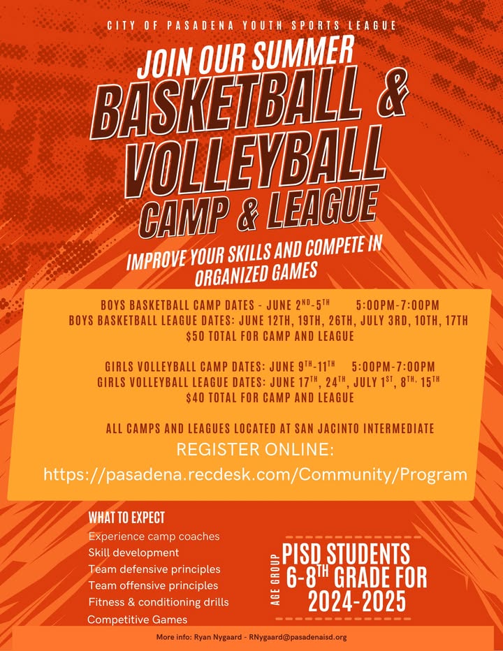 PISD students: don’t miss out on the basketball and volleyball camps for grades 6-8. PISD students: don’t miss out on the basketball and volleyball camps for grades 6-8.