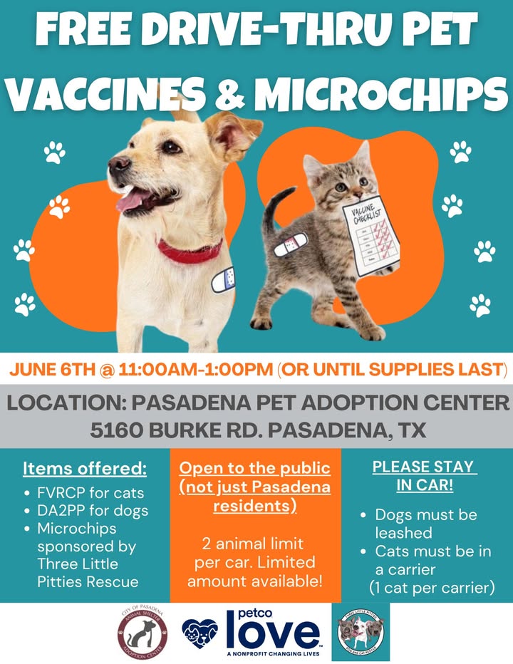 Good news next Friday. A free drive-thru pet vaccine and microchip party for your furry friend. Good news next Friday. A free drive-thru pet vaccine and microchip party for your furry friend.