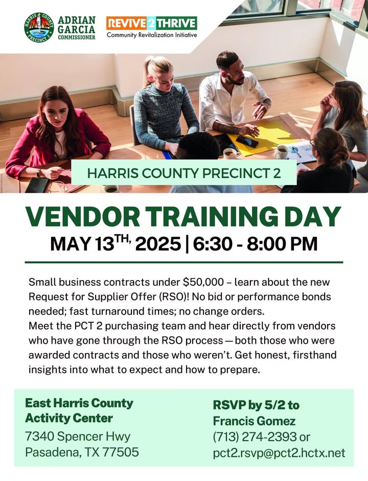 Boost your business with Harris County Precinct 2 this Tuesday to unlock bidding opportunities for small businesses.