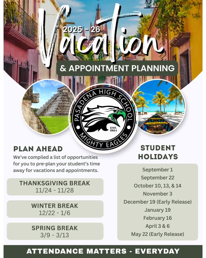Attention Mighty Eagle fam. Plan ahead for vacations and appointments so your student can soar through their time off without a hitch. Schedule inside.