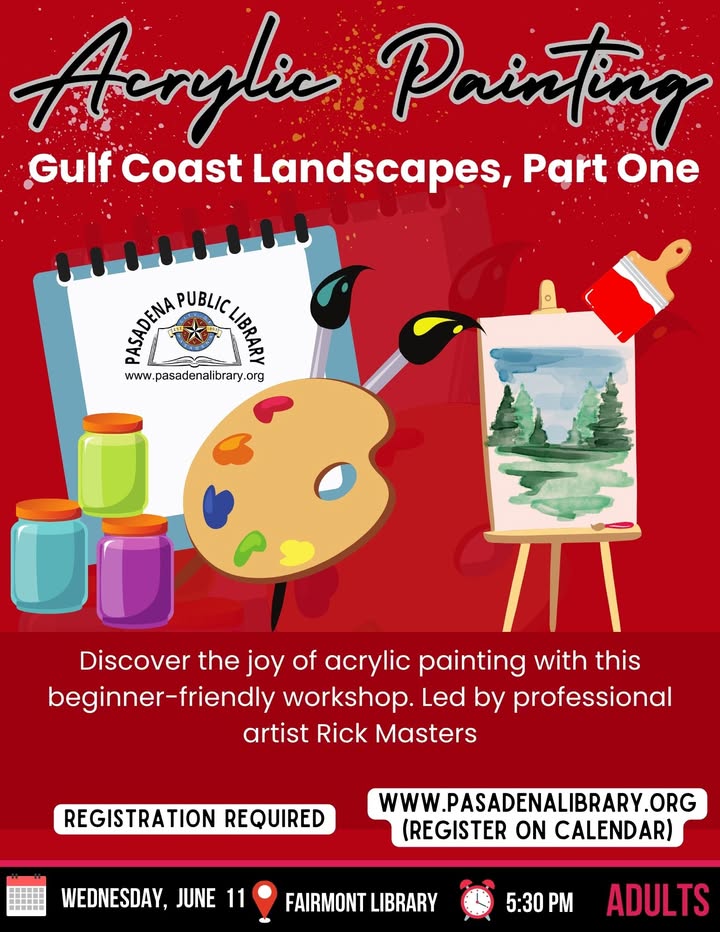 Join professional artist Rick Masters for a two part workshop where you’ll create stunning Gulf Coast landscapes, no experience required, just register with Fairmont Library.
