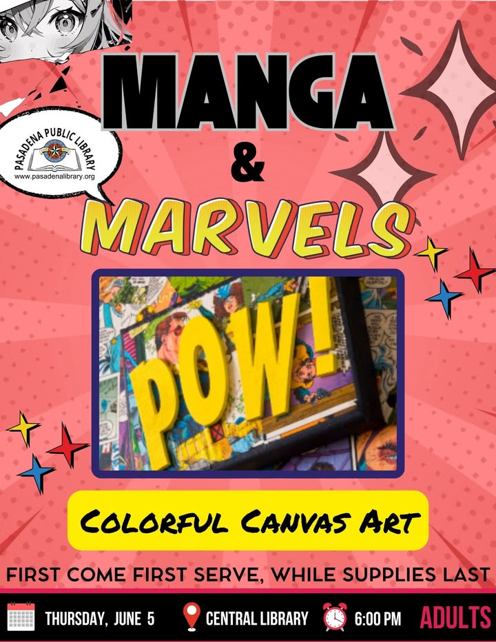 In an hour get creative at Central Library’s Manga & Marvels to transform your favorite comics. In an hour get creative at Central Library’s Manga & Marvels to transform your favorite comics.