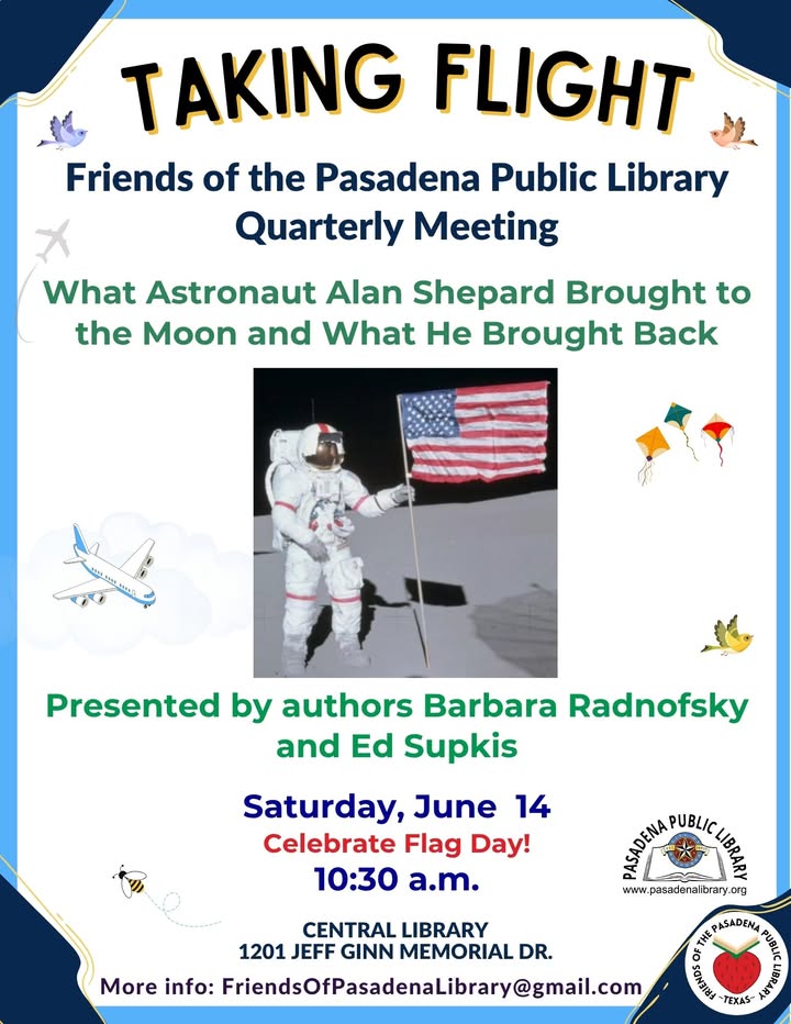 Join the Friends of the Pasadena Public Library this Saturday to explore Alan Shepard’s historic moon trip, as Barbara Radnofsky and Ed Supkis share fascinating insights. Join the Friends of the Pasadena Public Library this Saturday to explore Alan Shepard’s historic moon trip, as Barbara Radnofsky and Ed Supkis share fascinating insights.