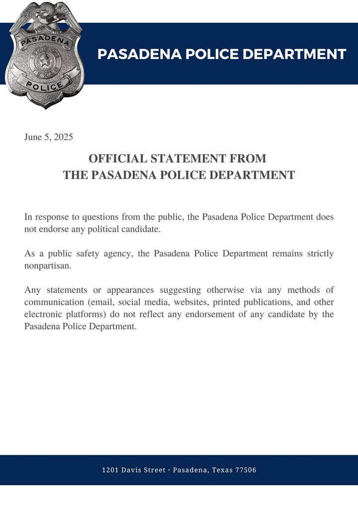 Pasadena Police Department does not endorse any political candidates.
