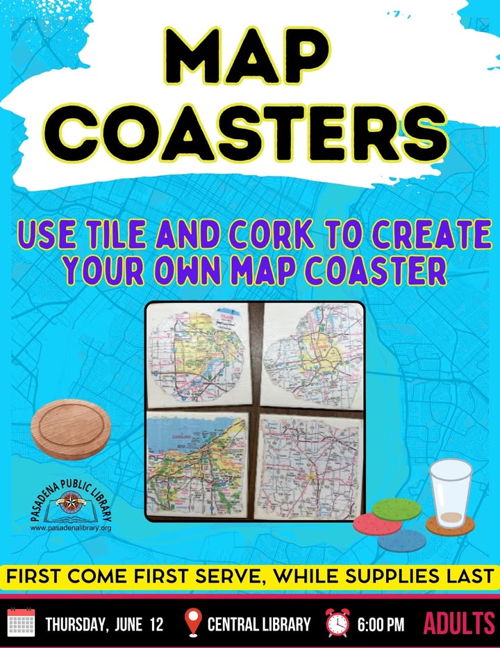 Get in on Central Library’s creative adventure and transform everyday tiles into unique map coasters June 12th. Get in on Central Library’s creative adventure and transform everyday tiles into unique map coasters June 12th.