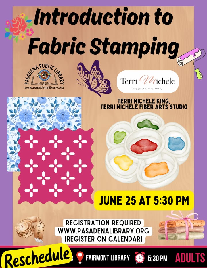 Join Terri Fiber Arts Studio to stamp your creativity, crafting unique fabric designs with expert guidance. Join Terri Fiber Arts Studio to stamp your creativity, crafting unique fabric designs with expert guidance.