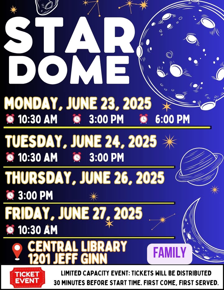 Step into the Portable Planetarium at Central Library for an adventure filled with stars, stories, and a sky that knows no bounds. Step into the Portable Planetarium at Central Library for an adventure filled with stars, stories, and a sky that knows no bounds.