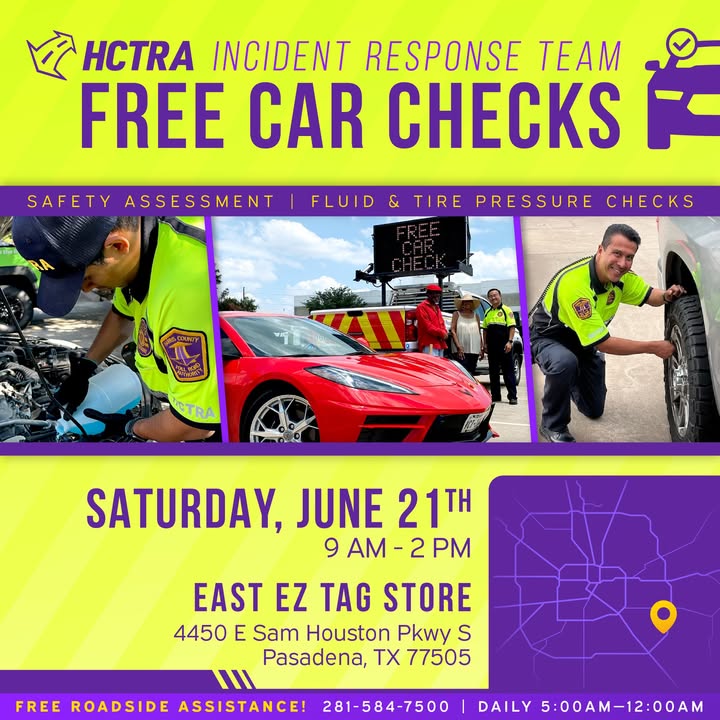 Show up for HCTRA’s Incident Response Team’s free car check this Saturday and let them ensure your summer road trips are safe and fun. Show up for HCTRA’s Incident Response Team’s free car check this Saturday and let them ensure your summer road trips are safe and fun.