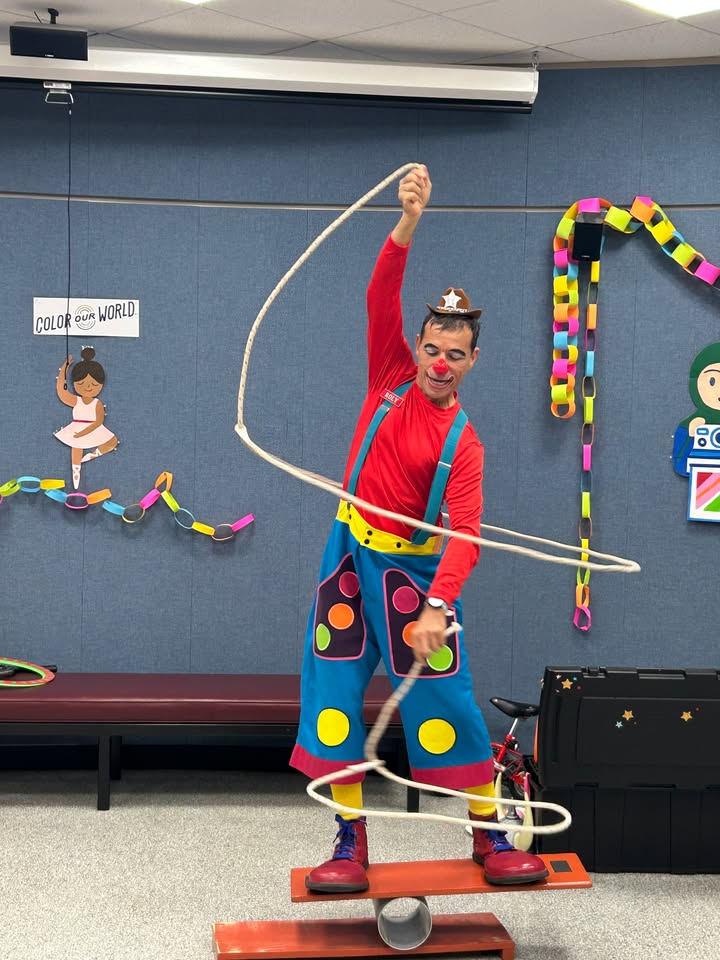 Roly the Clown’s visit to the Library, juggling and unicycling while enjoying mesmerizing balloon art and a sprinkle of magic. Roly the Clown’s visit to the Library, juggling and unicycling while enjoying mesmerizing balloon art and a sprinkle of magic.