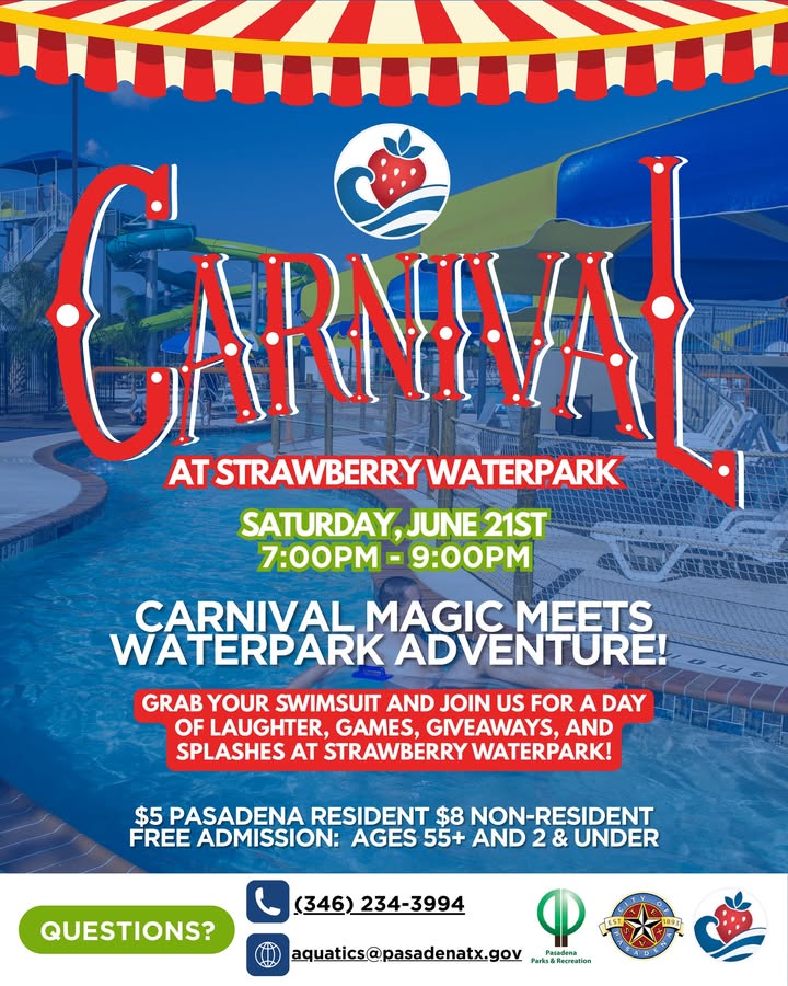 Get ready for a night of carnival fun at Strawberry Waterpark on June 21st, featuring games, laughter, and waterpark fun. Get ready for a night of carnival fun at Strawberry Waterpark on June 21st, featuring games, laughter, and waterpark fun.