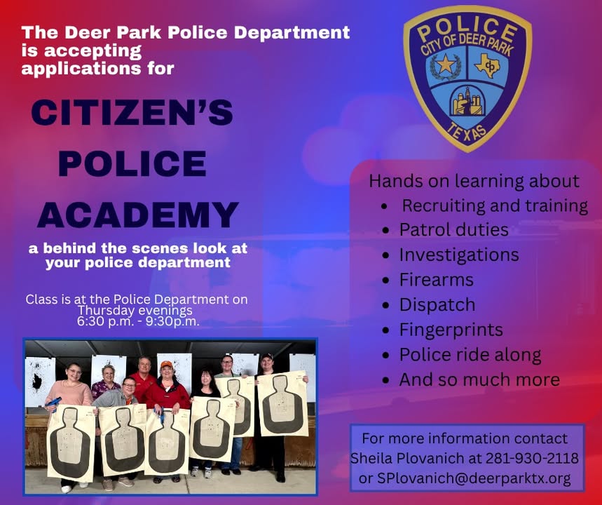 Get a look behind the curtain at DPPD. Apply now for Class 51 of the Deer Park Citizen’s Police Academy before spots vanish.