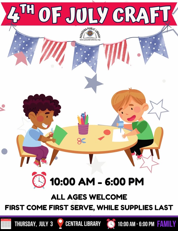 Meet Central Library in the Children’s Room for a day of crafting and creativity to celebrate Independence Day this Thursday.