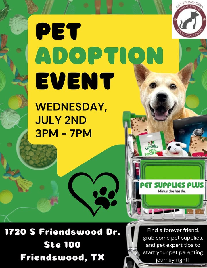 This Wednesday the Animal Shelter will be in Friendswood so you can adopt your new best friend from 3 to 7pm.