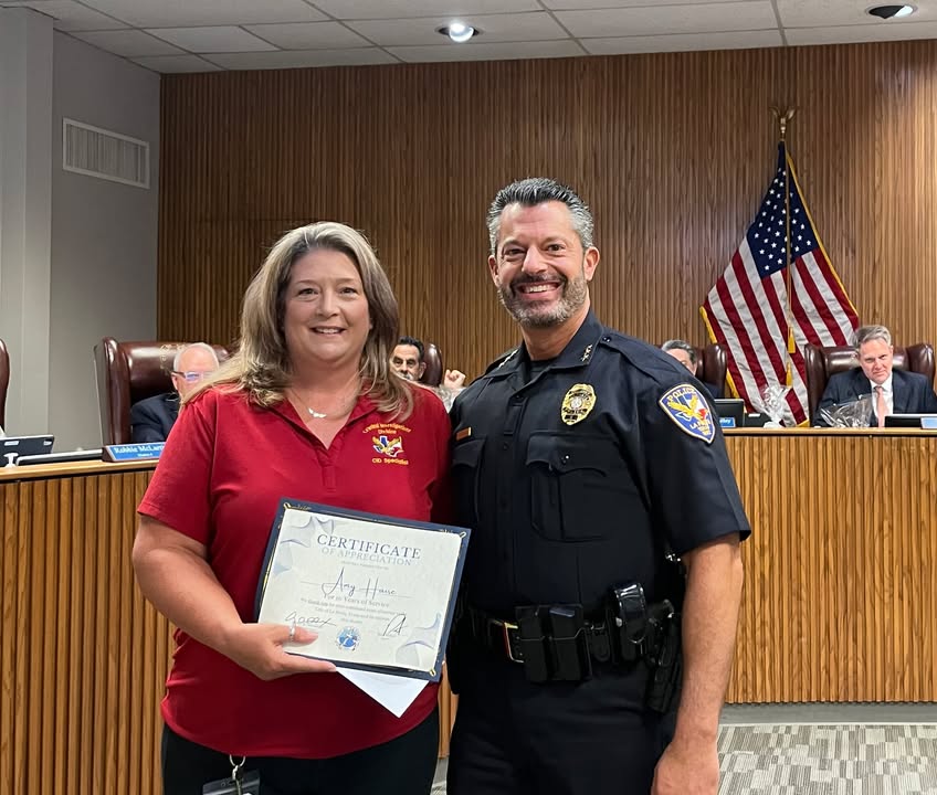 LPPD Amy’s 10 years of Criminal Investigations Specialist service was honored at La Porte’s City Council.
