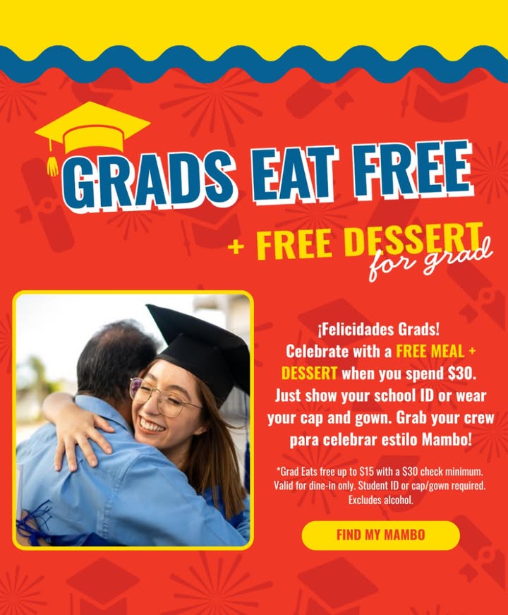 Graduates, itβs time to get on up to and feast at Mambo Seafood for some Grads Eat free. Graduates, itβs time to get on up to and feast at Mambo Seafood for some Grads Eat free.