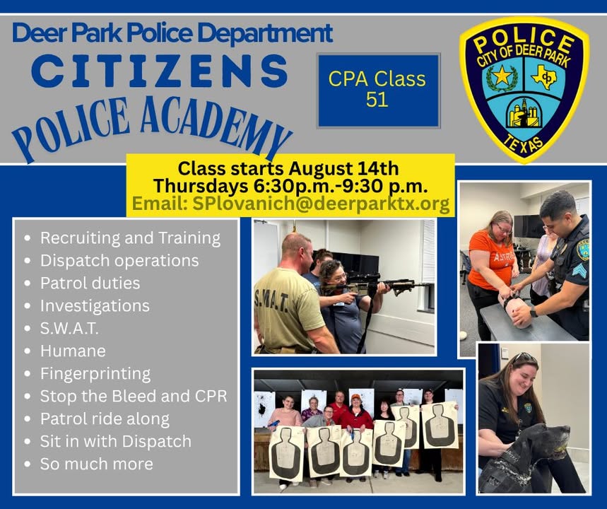 Unlock the secrets of your local DPPD. Join Deer Park’s Citizen’s Police Academy and become a community hero today. Unlock the secrets of your local DPPD. Join Deer Park’s Citizen’s Police Academy and become a community hero today.