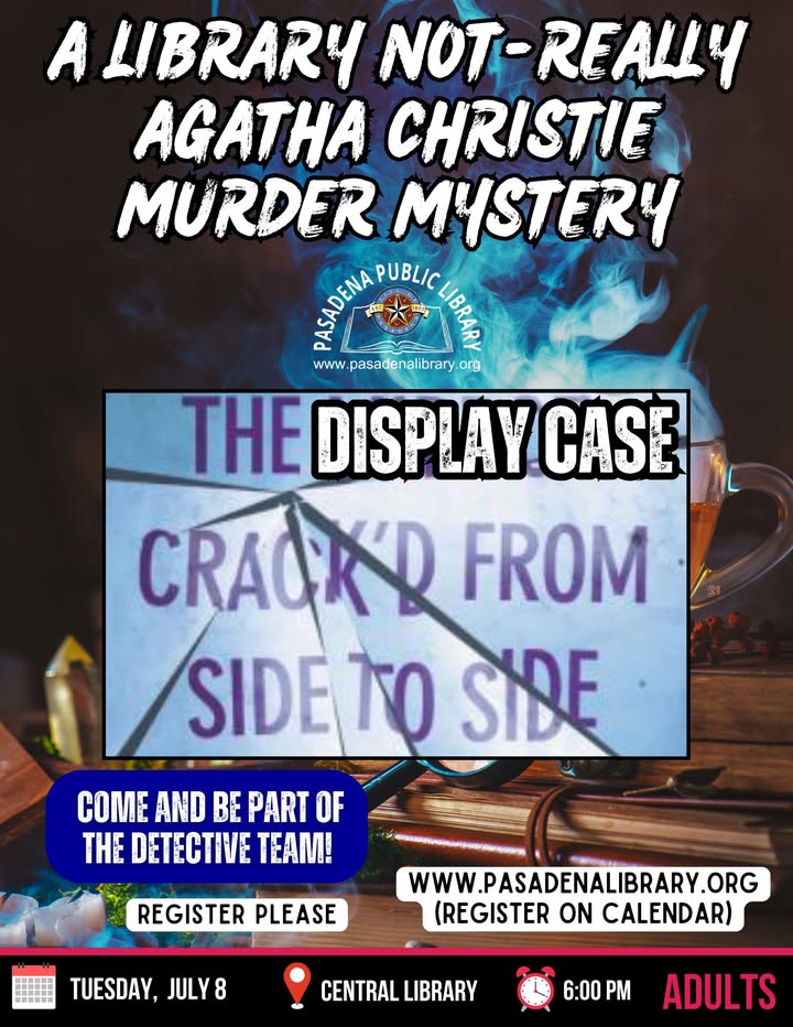 Help crack the case at Central Library of a thrilling Agatha Christie murder mystery, collaborating with fellow sleuths for the ultimate whodunit. Help crack the case at Central Library of a thrilling Agatha Christie murder mystery, collaborating with fellow sleuths for the ultimate whodunit.