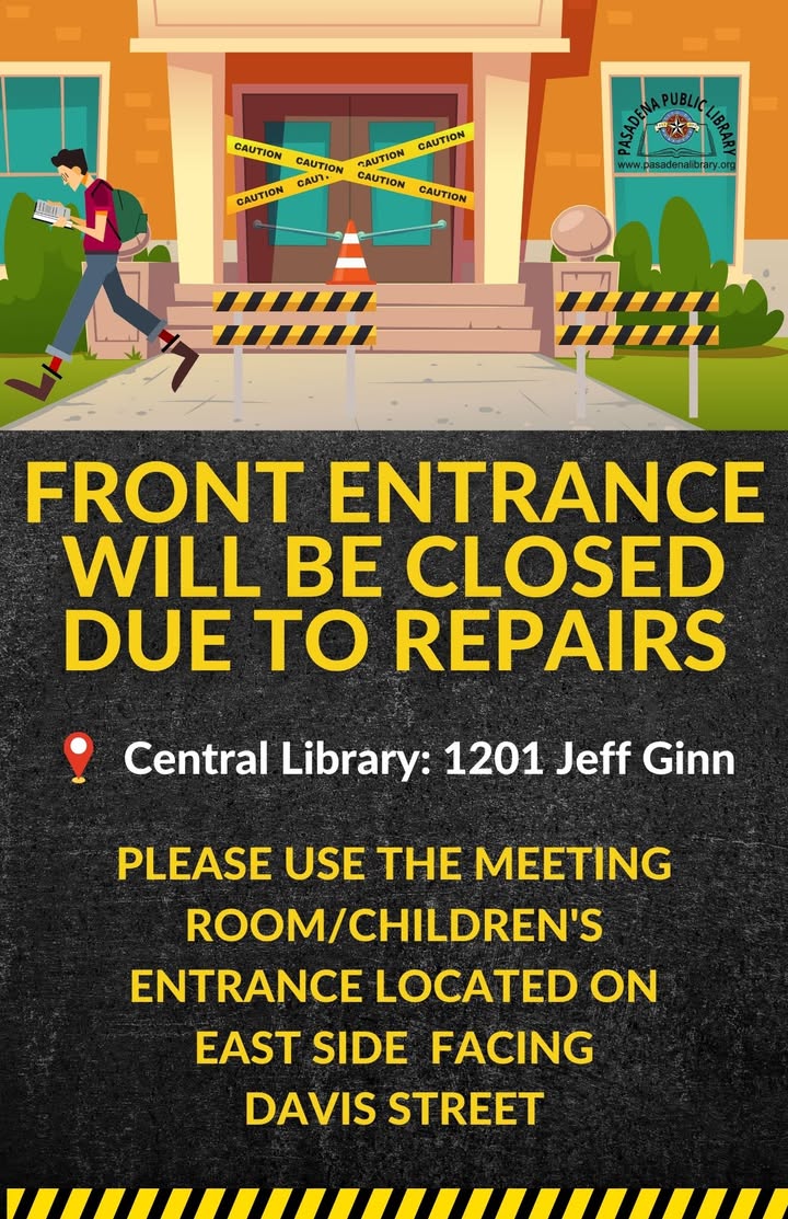 The Central Library’s front entrance is closed for repairs until further notice. The Central Library’s front entrance is closed for repairs until further notice.