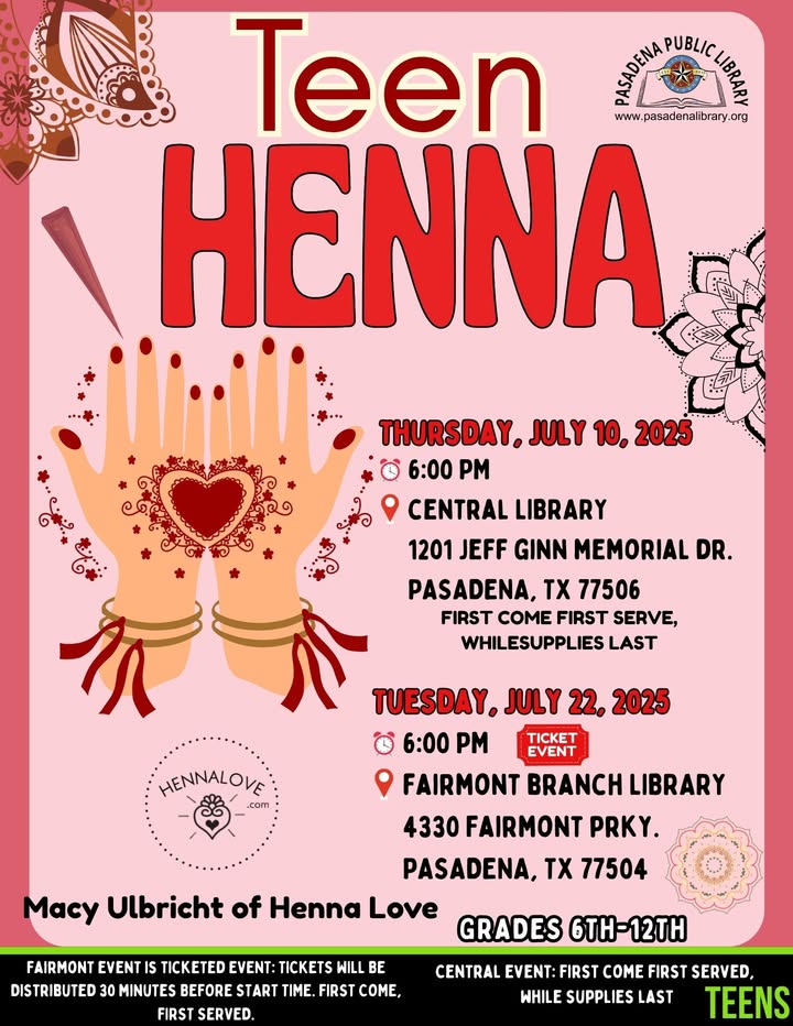 Sign up for one or both of the Library’s teen workshops where you’ll learn to mix henna, create unique designs, and receive a personalized artwork from Macy of Henna Love. Sign up for one or both of the Library’s teen workshops where you’ll learn to mix henna, create unique designs, and receive a personalized artwork from Macy of Henna Love.