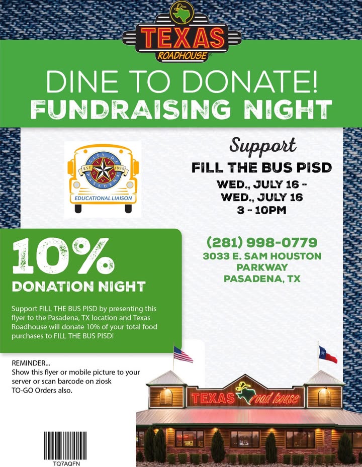 Eat at Texas Road House on July 16th from 3-10pm to help make a difference for PISD. Eat at Texas Road House on July 16th from 3-10pm to help make a difference for PISD.