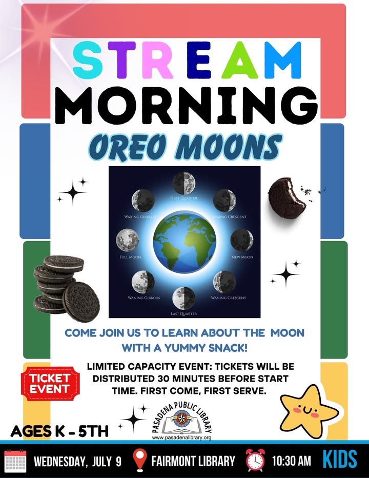 Get up to Fairmont Library for a stellar adventure and unravel the moon’s phases and enjoy Stream Morning Oreo Moons..