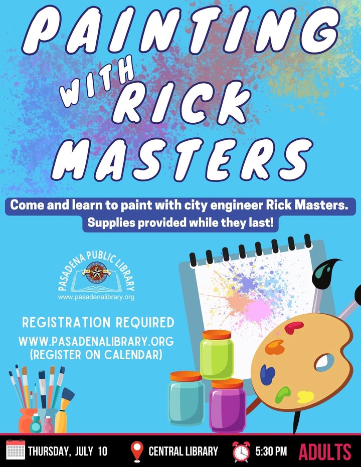 Create with City Engineer Rick Masters for a painting session and let your creativity flourish with colorful expressions only at Central Library. Create with City Engineer Rick Masters for a painting session and let your creativity flourish with colorful expressions only at Central Library.