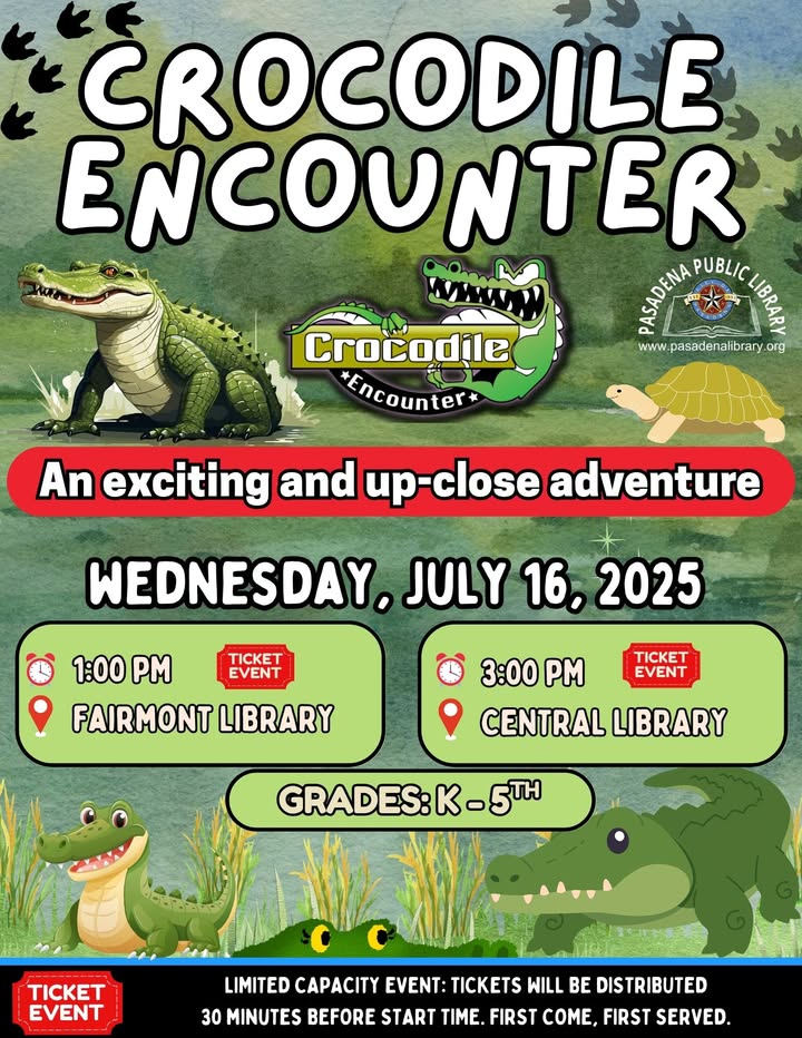 Grades K-5th can check out Crocodile Encounter at Central and Fairmont Libraries where they’ll meet reptiles up close and personal. Grades K-5th can check out Crocodile Encounter at Central and Fairmont Libraries where they’ll meet reptiles up close and personal.
