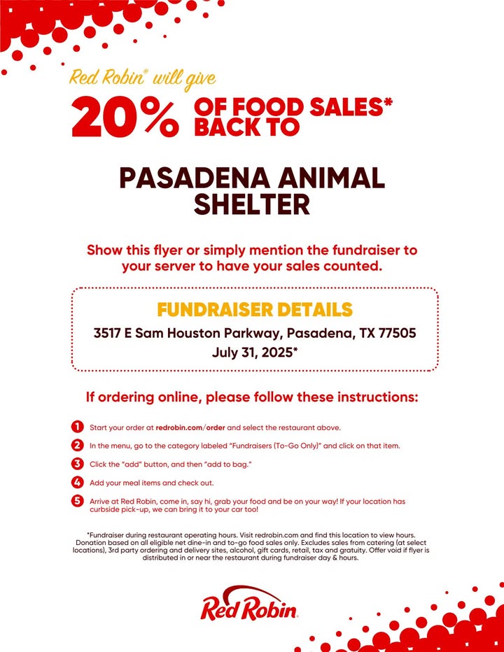Bite into a burger on July 31th at Red Robin and help save animals at the Animal Shelter.