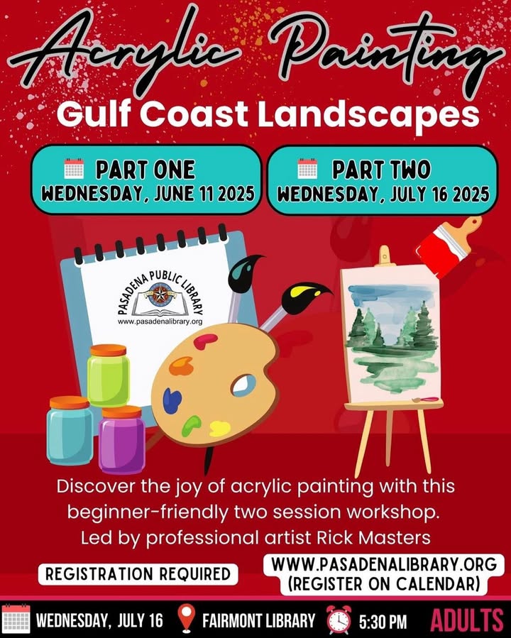 Join professional artist Rick Masters at Fairmont Library tonight for part 2 workshop where you’ll create your own stunning Gulf Coast landscape. Join professional artist Rick Masters at Fairmont Library tonight for part 2 workshop where you’ll create your own stunning Gulf Coast landscape.