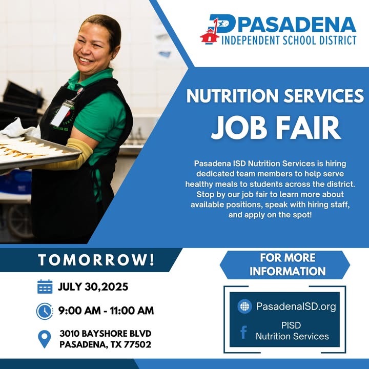 Today’s the day to get on up to the Pasadena ISD Nutrition Services Job Fair to explore exciting opportunities and connect with an amazing team.