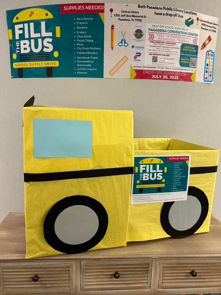 The Library is set up to accept school supplies for Fill the Bus with school supplies and support our amazing PISD teachers.