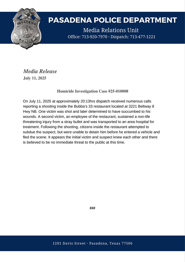 PPD media release about the shooting and apparent murder inside Bubba’s 33 July 11th.