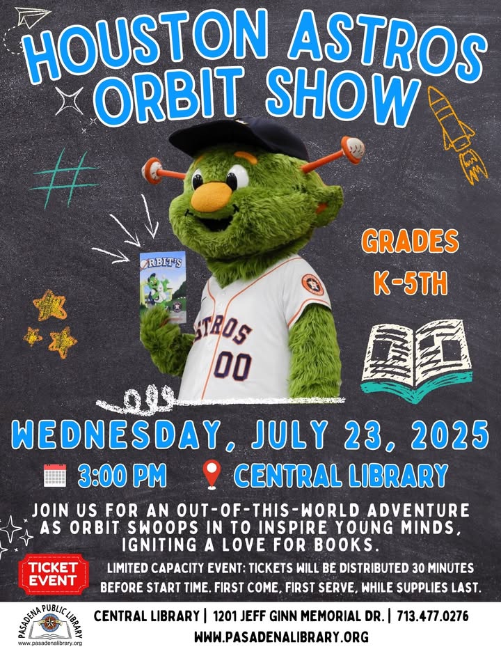Join Orbit, the Astros’ beloved mascot, for an exciting reading celebration at the Central Library this Wednesday. Join Orbit, the Astros’ beloved mascot, for an exciting reading celebration at the Central Library this Wednesday.