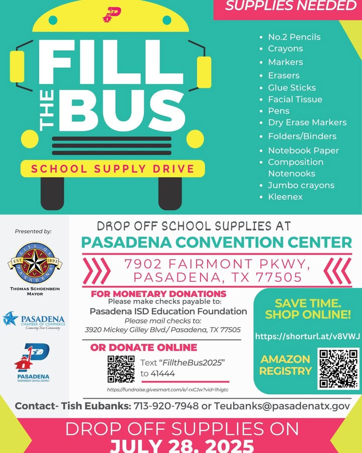 Help tomorrow at the Convention Center to Fill the Bus with school supplies and support PISD.