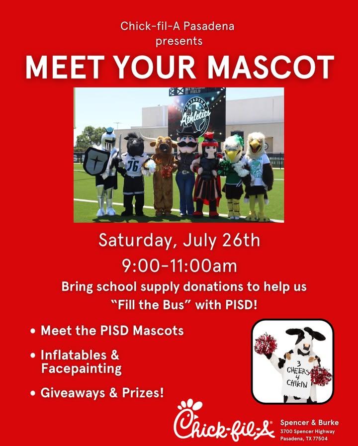 Meet your favorite Pasadena ISD mascots and contribute to Fill the Bus with supplies this Saturday 9-11am.
