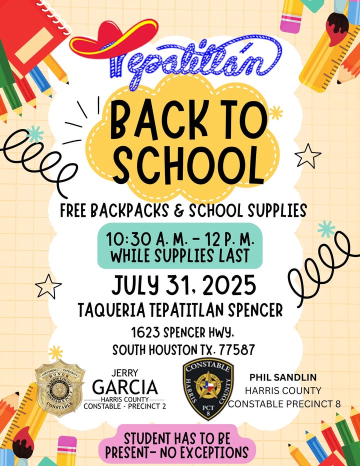 It’s a Back to School Bash with Constables Garcia and Sandlin, full of fun, food, and free school supplies for your kid. It’s a Back to School Bash with Constables Garcia and Sandlin, full of fun, food, and free school supplies for your kid.