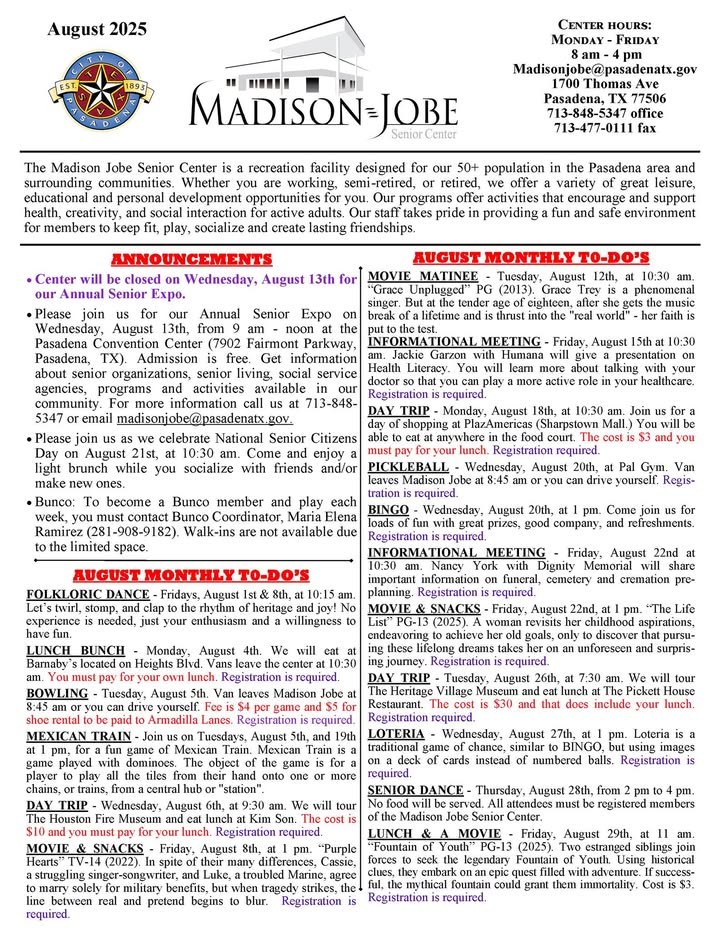 Join the August fun at Madison Jobe Senior Center for something to do all month long. Join the August fun at Madison Jobe Senior Center for something to do all month long.