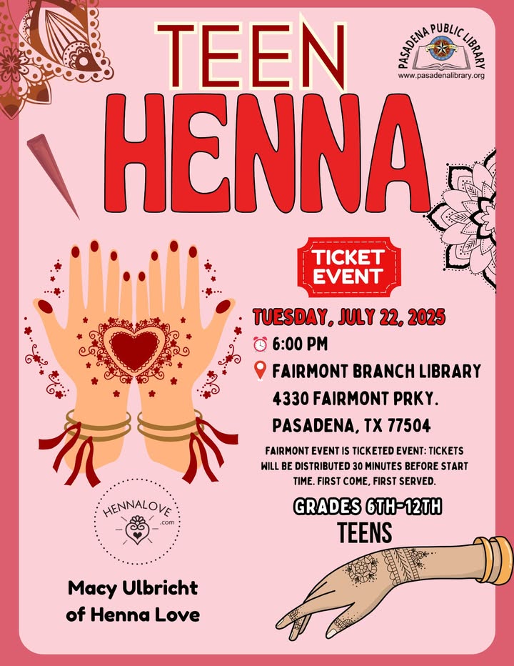 Dive into the enchanting world of henna tonight at Fairmont Library with Macy Ulbrict. Create your own designs and discover this ancient art firsthand. Dive into the enchanting world of henna tonight at Fairmont Library with Macy Ulbrict. Create your own designs and discover this ancient art firsthand.