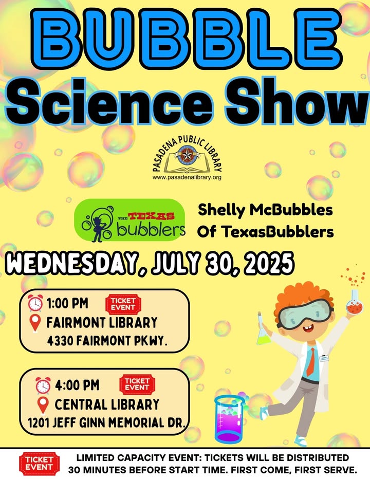 Prepare for an adventure as Ms. Shelly McBubbles turns ordinary soap into mesmerizing bubbles in her spectacular Bubble Show for kids at the libraries. Prepare for an adventure as Ms. Shelly McBubbles turns ordinary soap into mesmerizing bubbles in her spectacular Bubble Show for kids at the libraries.