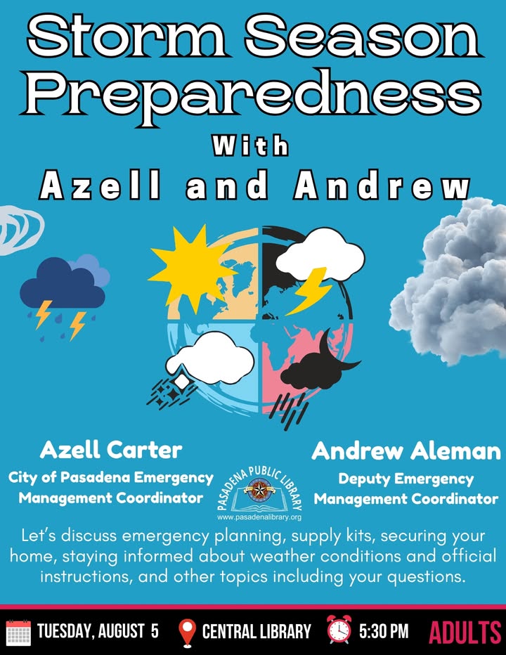 Hurricane season is peaking, so chat with Azell and Andrew to ensure your emergency plans are top-notch and ready only at Central Library. Hurricane season is peaking, so chat with Azell and Andrew to ensure your emergency plans are top-notch and ready only at Central Library.