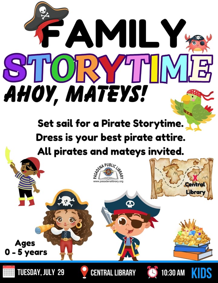 Ahoy, little mateys. Join Central Library for a Pirate Storytime adventure, where tales from the high seas await your swashbuckling spirit. Ahoy, little mateys. Join Central Library for a Pirate Storytime adventure, where tales from the high seas await your swashbuckling spirit.