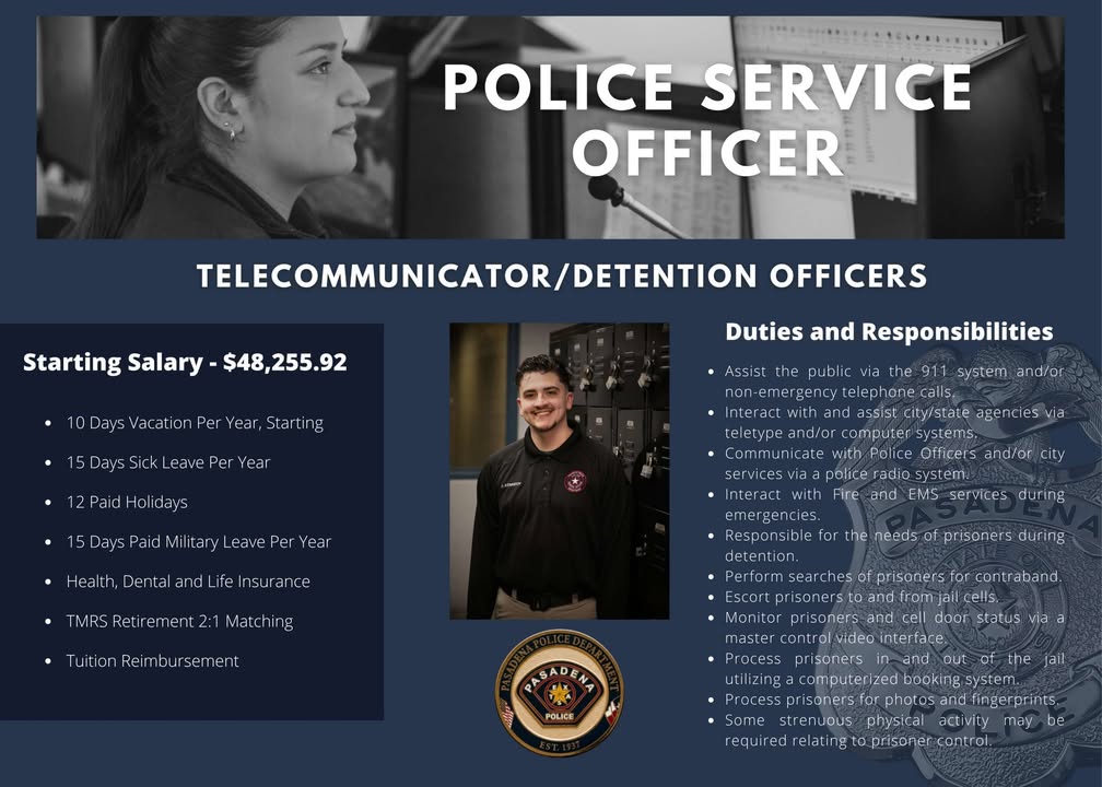 Join the Pasadena Police Department as a Telecommunicator/Detention Officer and kickstart a rewarding career with an exciting starting salary.