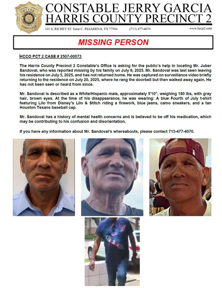 Help Precinct 2 locate Mr. Juber Sandoval, who went missing on July 5th. He was last seen wearing a festive blue t-shirt and a cap. Help Precinct 2 locate Mr. Juber Sandoval, who went missing on July 5th. He was last seen wearing a festive blue t-shirt and a cap.